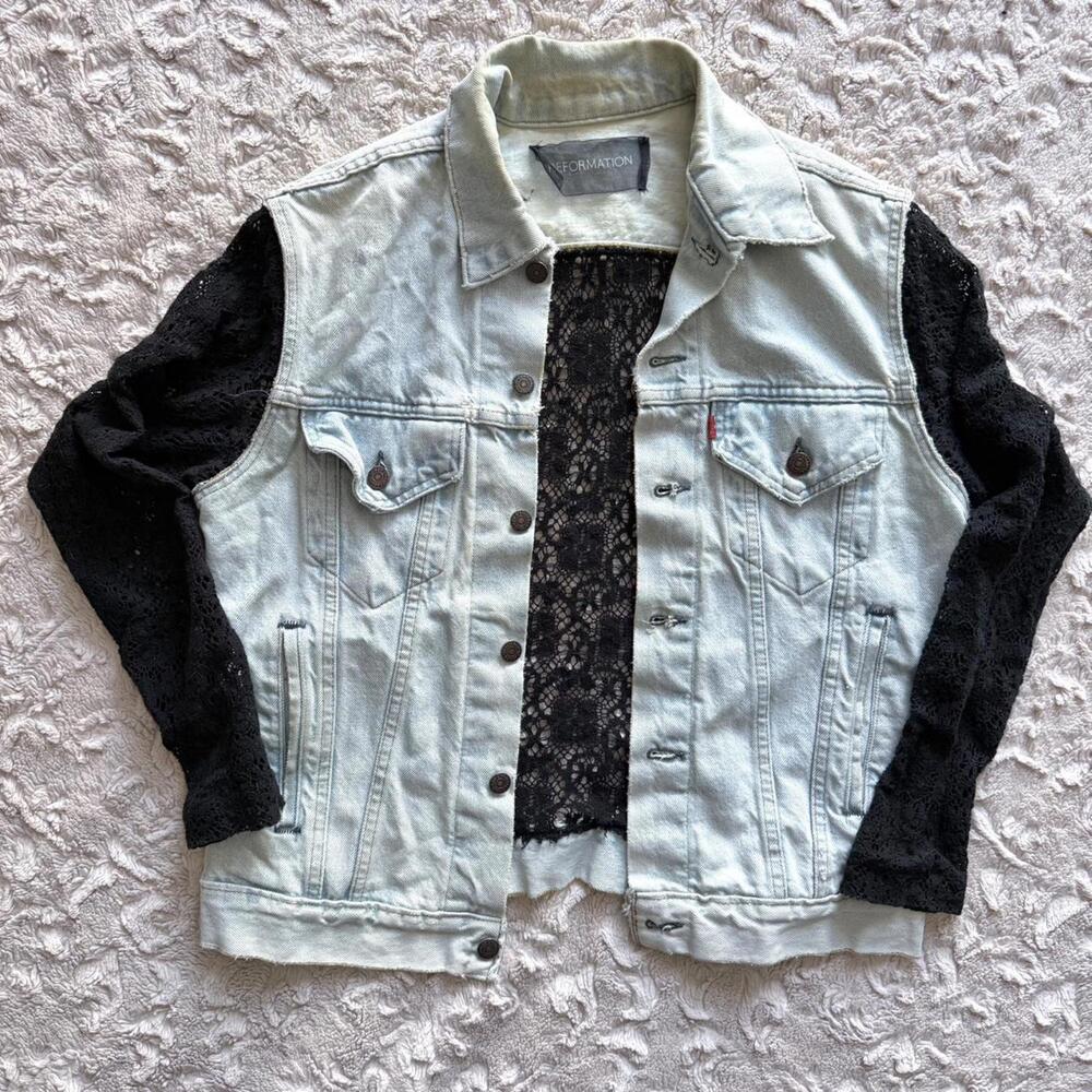 Reformation light wash custom Levi’s denim Jacket w/ lace sleeves and back panel
